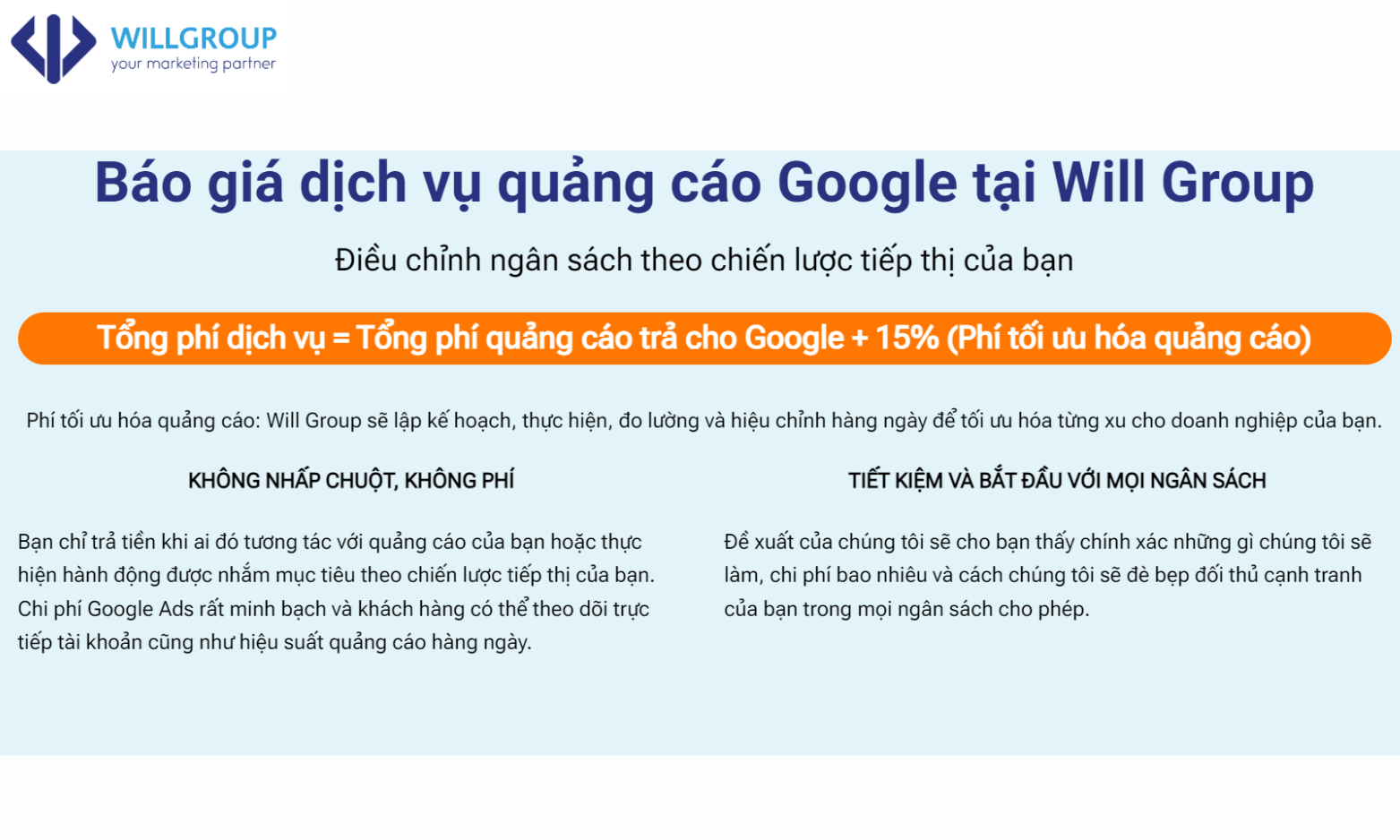 Bảng giá dịch vụ quảng cáo Google tại Will Group