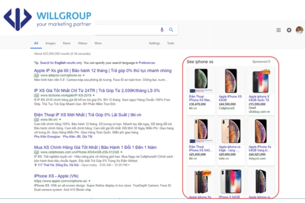 Google Shopping Ads hiện phía bên phải các kết quả tìm kiếm
