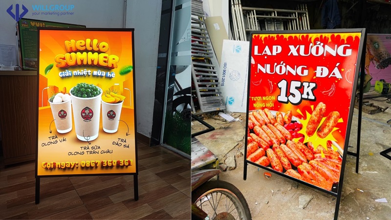 Bảng hiệu quảng cáo của tiệm trà sữa và lạp xưởng nướng đá