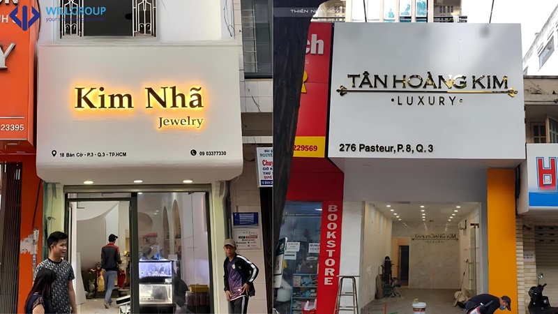 Bảng hiệu nền trắng chữ vàng ở tiệm Trang sức