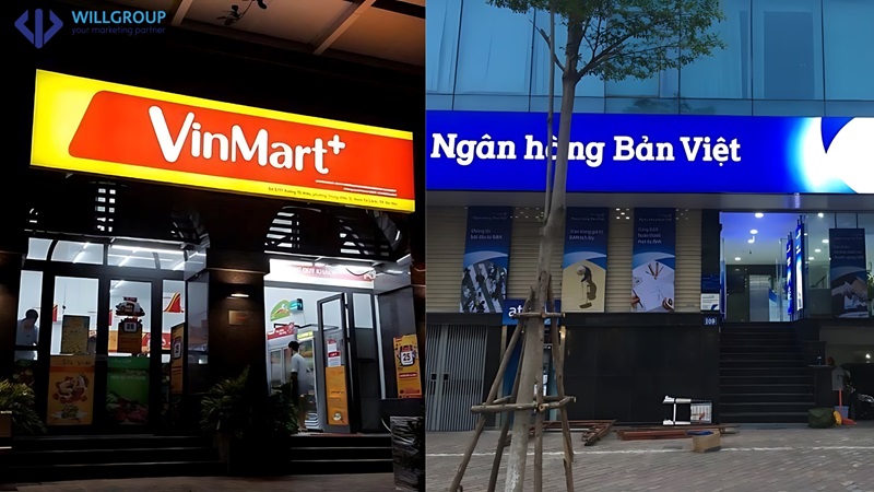 bảng hiệu hộp đèn 3M tại Vin Mart và Ngân hàng Bản Việt